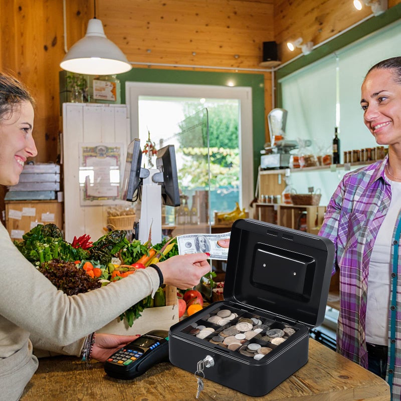 Kyodoled Medium Cash Box with Money Tray,Small Safe Lock Box with Key,Cash Drawer,7.87"x 6.30"x 3.54" Black Medium - Image 5
